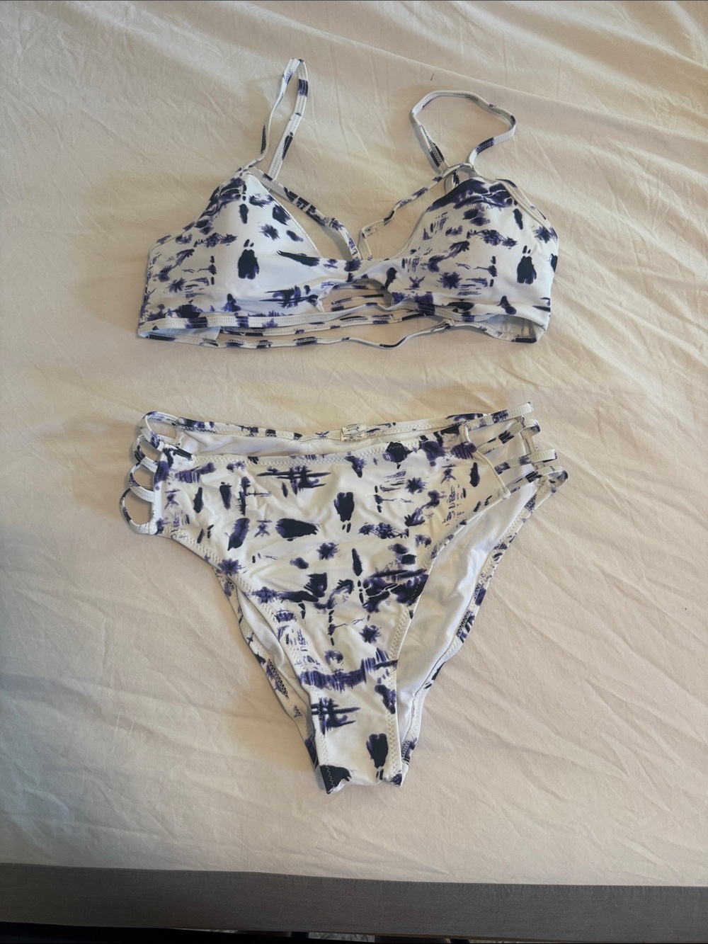 White & Purple Abstract Print Bikini Set size Medium